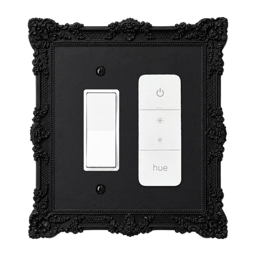 Black gothic Victorian light switch cover that fits the Philips Hue Dimmer Switch (remote sold separately), double: rocker + hue dimmer
