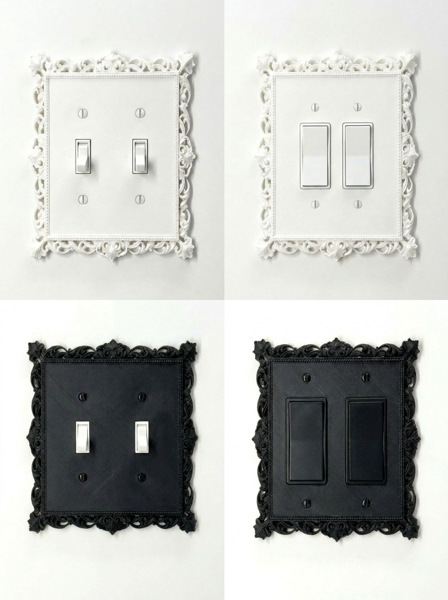Victorian Lace Wall Plate Cover Set – Black & White Light Switch & Outlet Covers for Toggle, Rocker, Duplex – Gothic Ornate Style