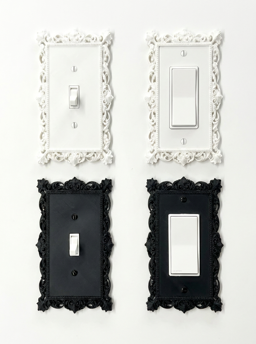 Victorian Lace Wall Plate Cover Set – Black & White Light Switch & Outlet Covers for Toggle, Rocker, Duplex – Gothic Ornate Style