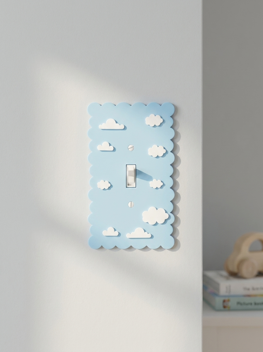 Dreamy Cloud sky blue wall plate mounted in a sunlit child's room