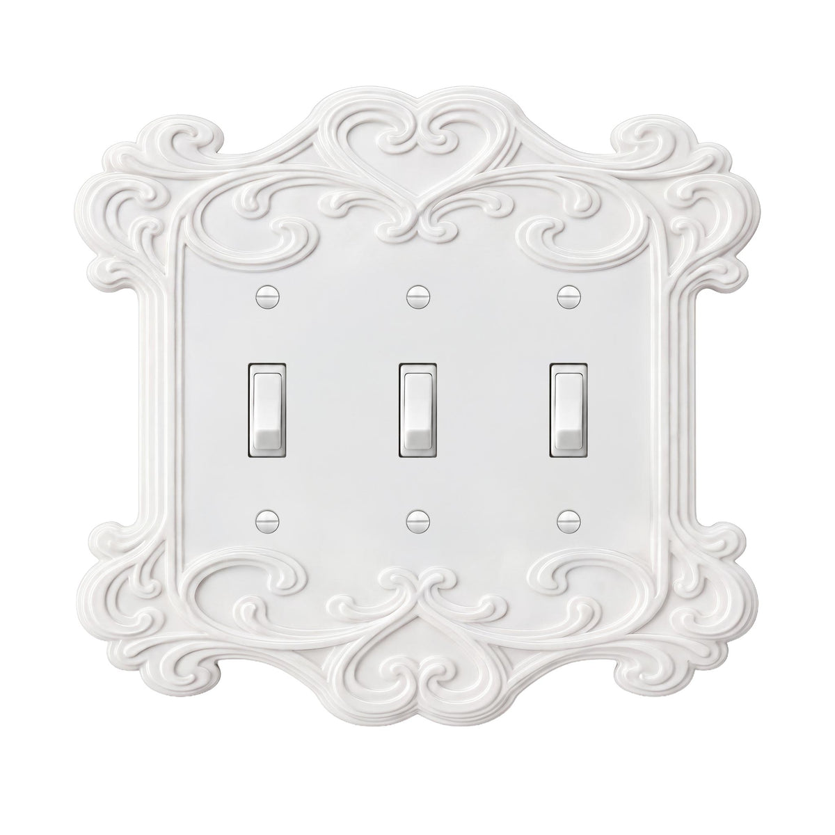 Ornate vintage light switch cover in ivory white, triple toggle